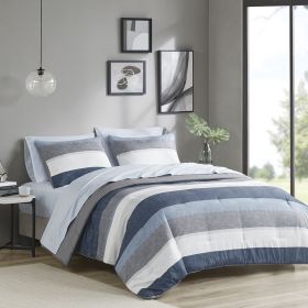 Stripe Comforter Set with Bed Sheets Blue/Grey Full