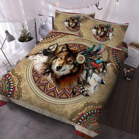 Wolf Duvet Cover Set 3 Pcs Retro Brown Tribal Boho Grid Bedding Comforter for Kids Teens Adults Wild Animal Quilt Duvet Set with 2 Pillowcases (size: Queen)